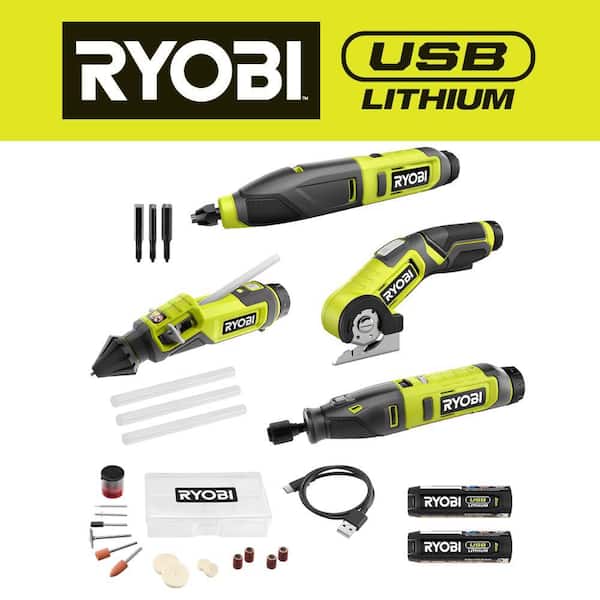 RYOBI USB Lithium 4-Tool Hobby Combo Kit with Cutter, Rotary Tool, Carver, Glue Pen, Batteries, and USB Charging Cable