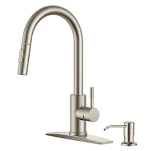 Single Handle Pull Down Sprayer Kitchen Faucet with Soap Dispenser and Flexible Hose in Brushed Nickel