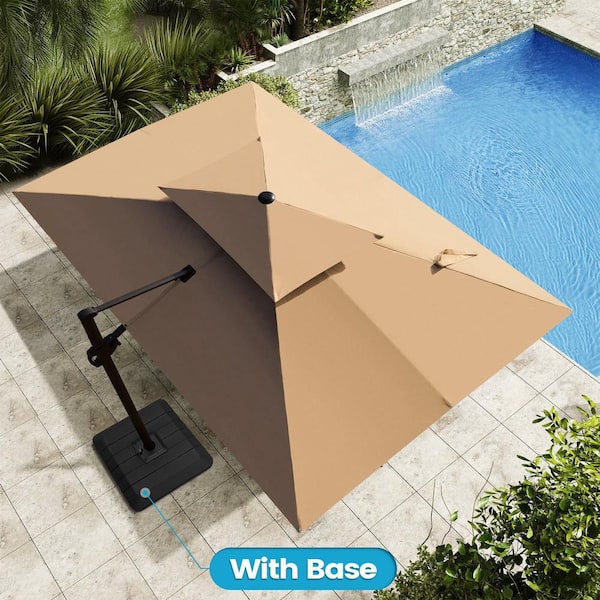 Crestlive Products 12 ft. x 9 ft. Double Top Cantilever Tilt Patio Umbrella in Tan with 4-Piece 220 lbs. HDPE Base