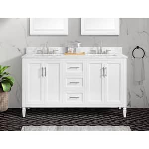 Stockham 61 in. W x 22 in. D x 35 in. H Double Sink Freestanding Bath Vanity in White with Carrara Marble Top