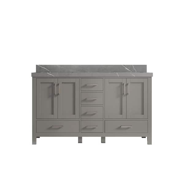 Willow Collections Malibu 60 in. W x 22 in. D x 36 in. H Double Sink Bath Vanity in Gray with 2 in. Piatra Quartz Top