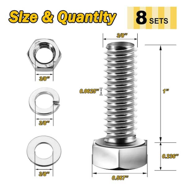 3/8 in.-16 x 1 in. Stainless Steel Uncoated Hex Bolt with Nut, Washer and Lock Washer (8-Pack)