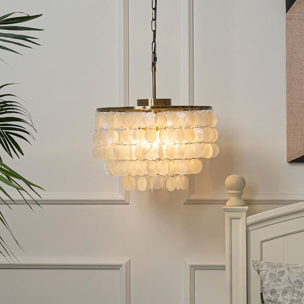 ALOA DECOR 3-Lights Unique Antique Bronze Tiered Capiz Chandelier with Seashell Accents