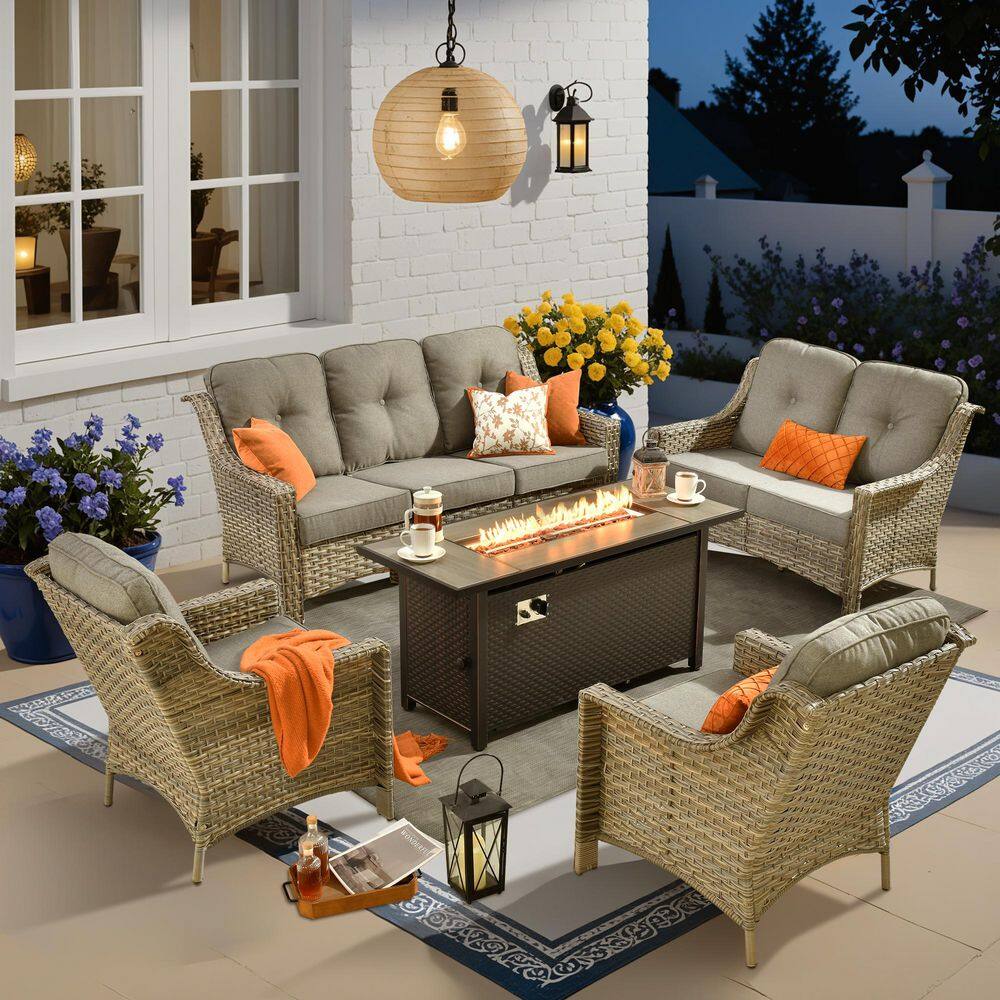 Eureka 5-Piece Wicker Outdoor Fire Pit Patio Conversation Sofa Seating Set with Dark Gray Cushions