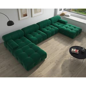 138.5 in. Straight Arm 6-Piece Velvet U-Shaped Modular Sectional Sofa with Ottoman in Green