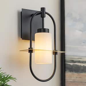 8 in. 1-Light Black Modern Wall Sconce with White Frosted Glass Shade