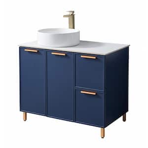 36 in. W x 20 in. D x 34 in. H Bathroom Vanities in Dark Blue with Vessel Ceramic Single Sink and White Marble Top