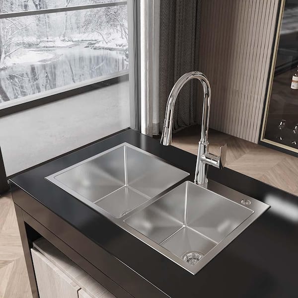 TMS 32 in. L x 19 in. W Drop-in double Bowl Stainless Steel Kitchen Sink with Strainers