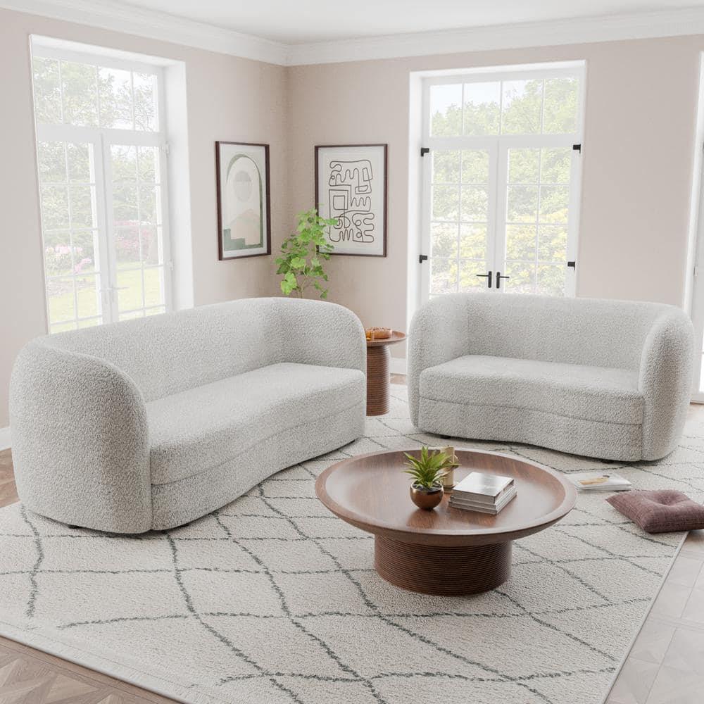 85" Off-White Boucle Fabric Curved Sofa with Wooden Legs