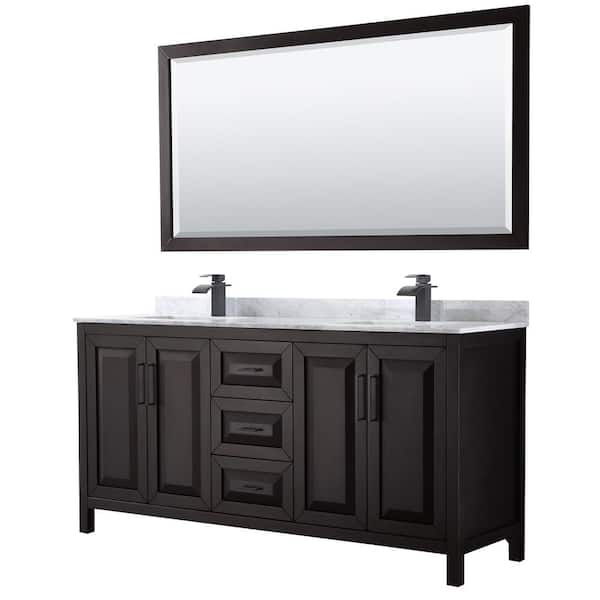 Wyndham Collection Daria 72 in. W x 22 in. D x 35.75 in. H Double Bath Vanity in Dark Espresso w/White Carrara Marble Top and 70 in. Mirror