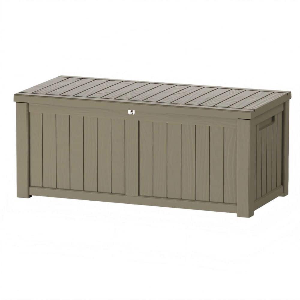 120 Gal. Resin Outdoor Deck Box with Lockable Lid Porch Storage Box Bench for Cushions, Throw Pillows in Light Brown