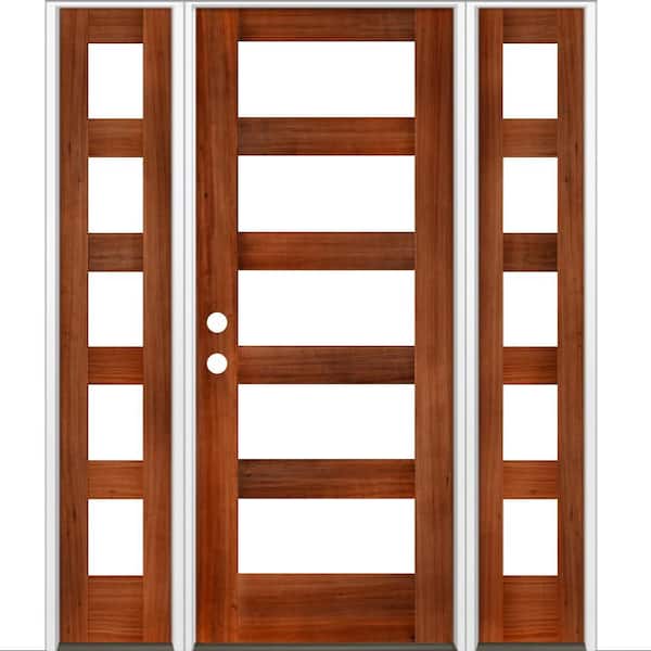 Krosswood Doors 60 in. x 80 in. Modern Hemlock Right-Hand/Inswing 5-Lite Clear Glass Red Chestnut Stain Wood Prehung Front Door w/DSL