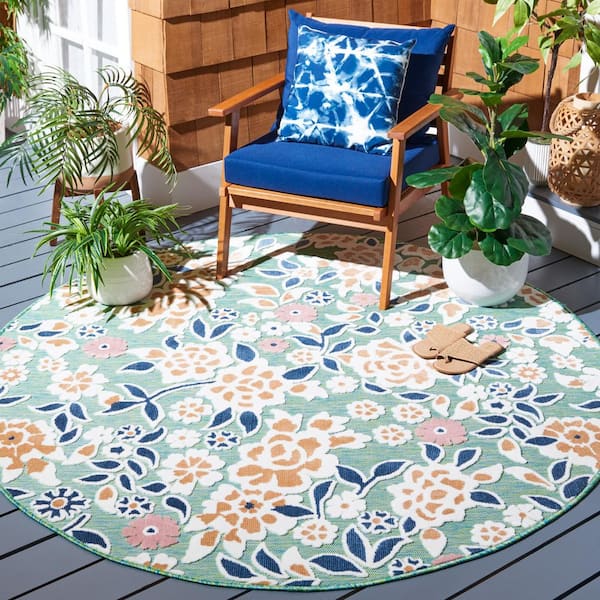Cabana Green/Navy 4 ft. x 4 ft. High-Low Floral Round Indoor/Outdoor Area Rug