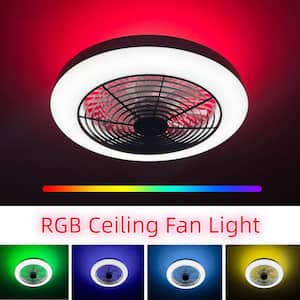20 in. LED Indoor Black Low Profile RGB Flush Mount Ceiling Fan with Light Alexa Google Assistant Remote App Control