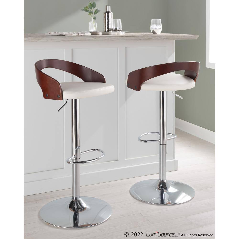 White Faux Leather Adjustable Swivel Barstools with Chrome Base, Set of 2
