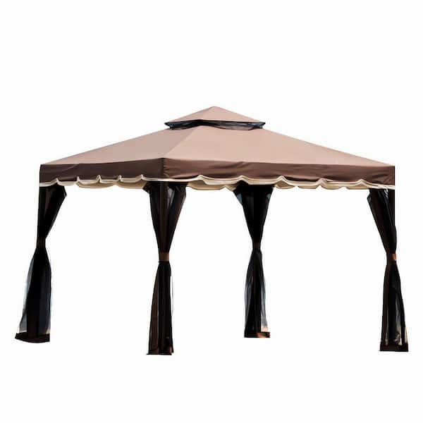 Sudzendf 9.8 ft. x 9.8 ft. Brown Outdoor Iron Vented Dome Top Patio Gazebo with Netting