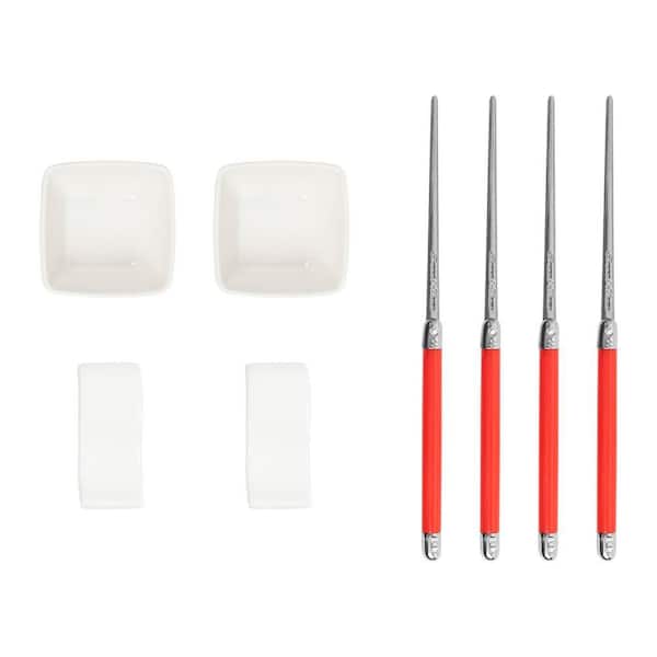 Chopsticks with Red Handles, Ceramic Rests and Sauce Bowls, Set of 2 Pairs