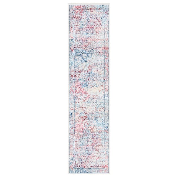Brentwood 2 ft. x 10 ft. Ivory/Blue Distressed Border Medallion Runner Rug