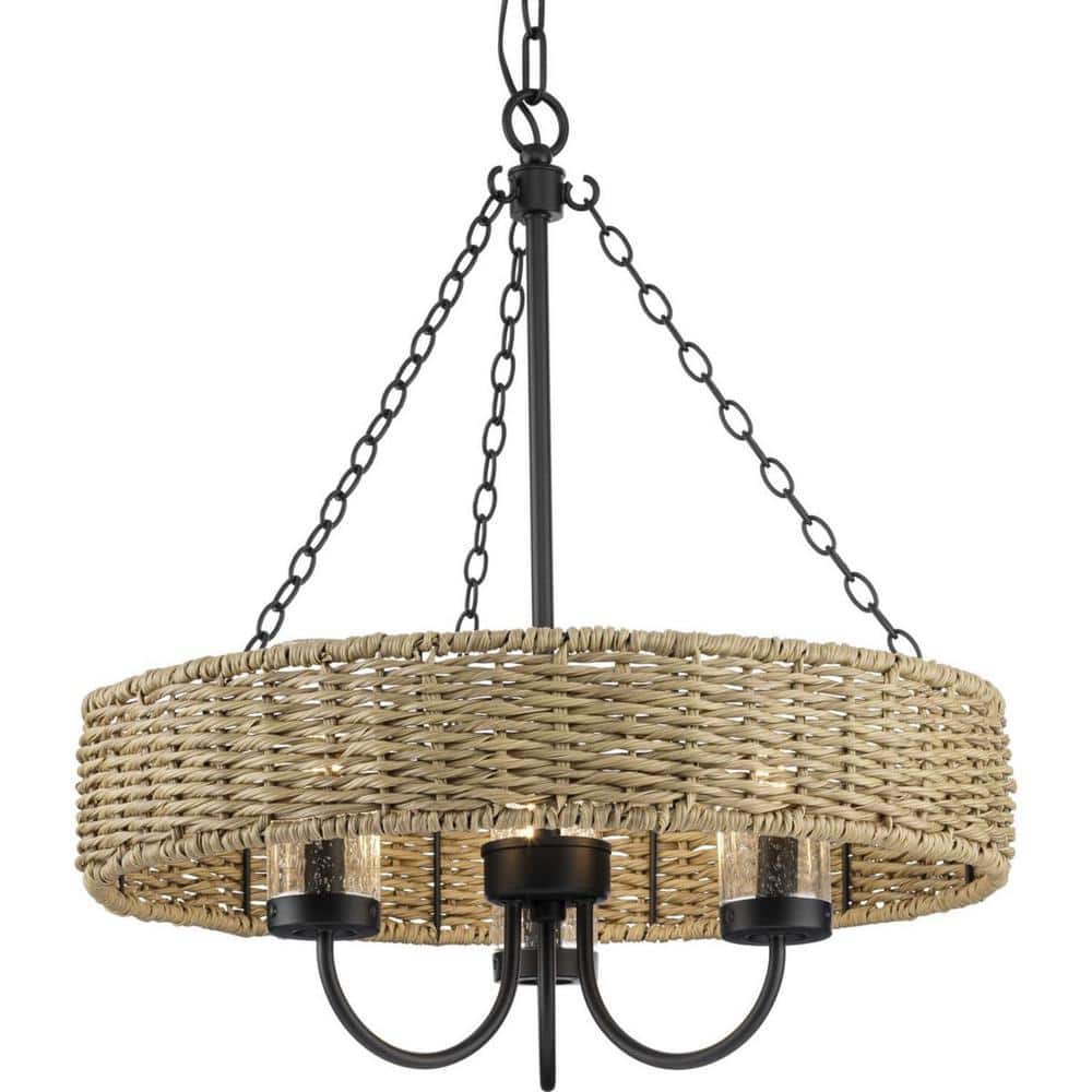 Pembroke Collection 3-Light 21.5 in. Matte Black Outdoor Pendant with Mocha Rattan Accents and Seeded Glass Shades price history on PriceWatchPro
