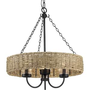 Pembroke Collection 3-Light 21.5 in. Matte Black Outdoor Pendant with Mocha Rattan Accents and Seeded Glass Shades