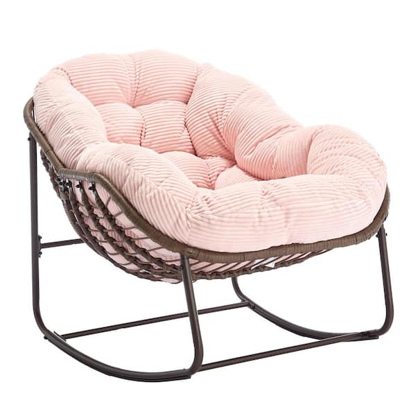 HOMEFUN Deluxe Oversized Steel Rattan Wicker Padded Outdoor Rocking Chair with Pink Corduroy Cushion