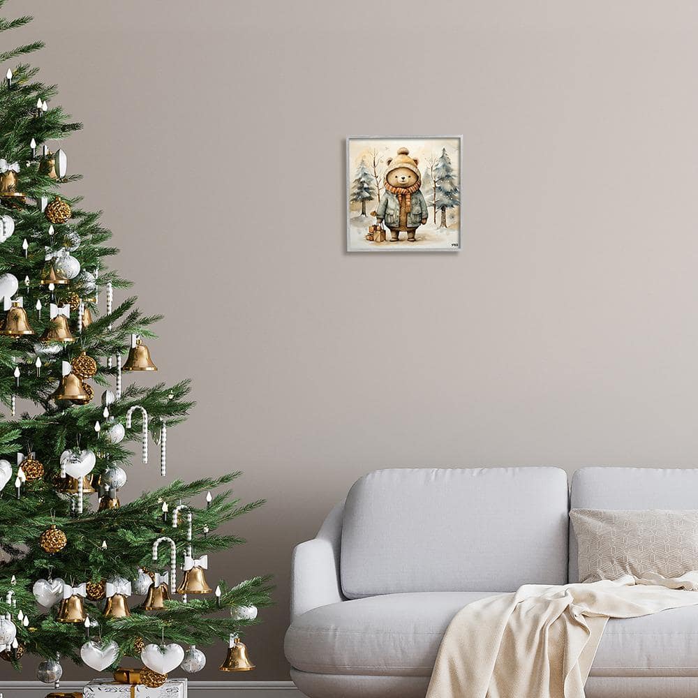 12" x 12" Gray Framed Bear in Snowy Forest Canvas Print