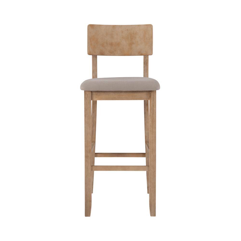 Rustic Gray Wash 46" Acacia Wood Bar Stool with Light Gray Linen Cushion