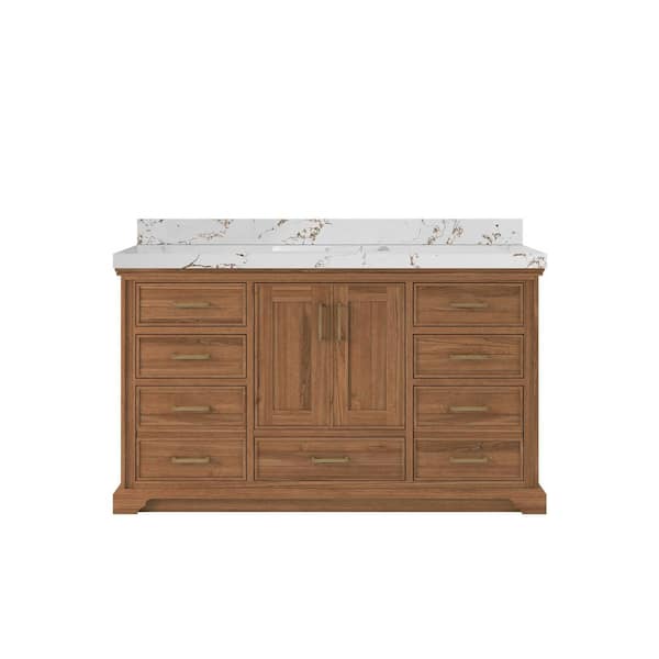 Willow Collections Charlotte Teak 60 in. W x 22 in. D x 36 in. H Single Sink Bath Vanity in Dark Natural with 2 in. Viola Brown Qt. Top