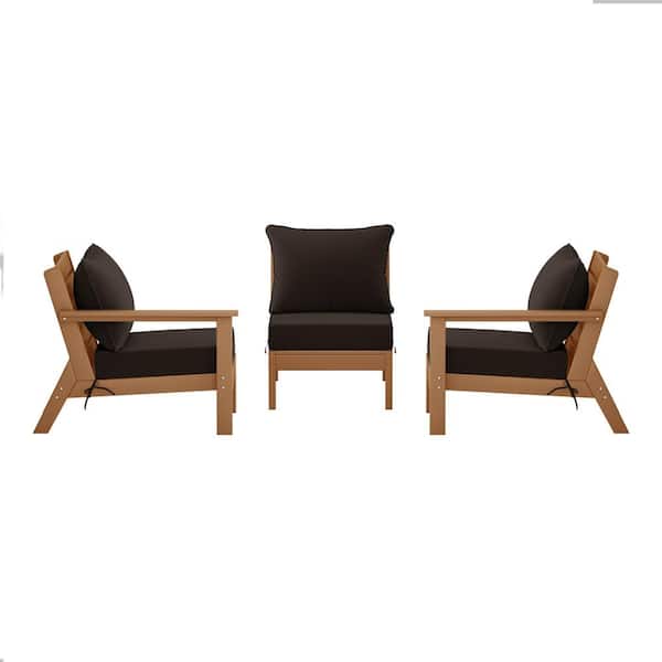 WESTIN OUTDOOR Birchwood Teak Arrangeable Outdoor Patio 3-Piece Deep Seating HDPE Sofa Arm Chair Set w/ Brown Cushions
