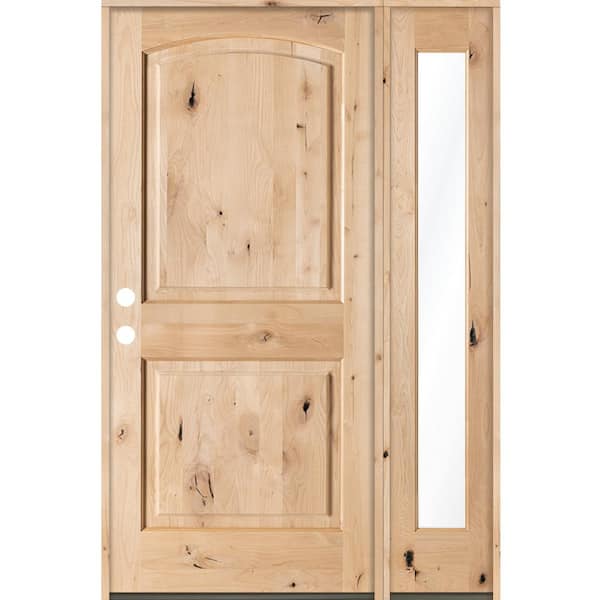 Krosswood Doors 44 in. x 80 in. Rustic Unfinished Knotty Alder Arch-Top Right-Hand Right Full Sidelite Clear Glass Prehung Front Door