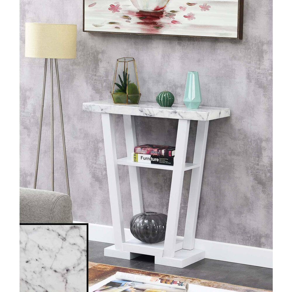 Faux White Marble and Wood Console Table with Storage