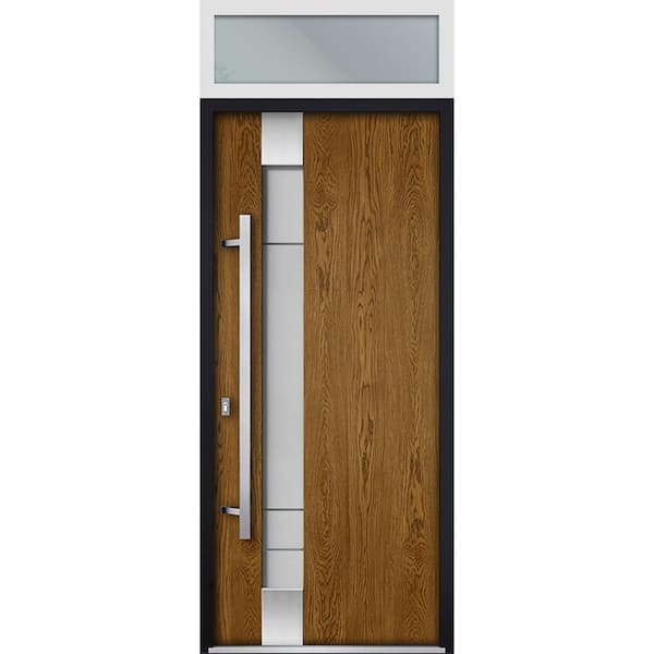 VDOMDOORS 36 in. x 96 in. Right-Hand/Inswing Transom Frosted Glass Natural Oak Steel Prehung Front Door with Hardware
