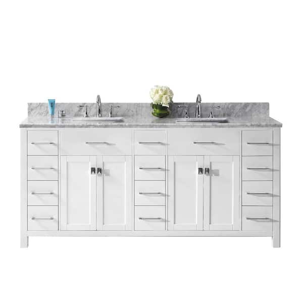 Virtu USA Caroline Parkway 72 in. W Bath Vanity in White with Marble Vanity Top in White with Square Basin