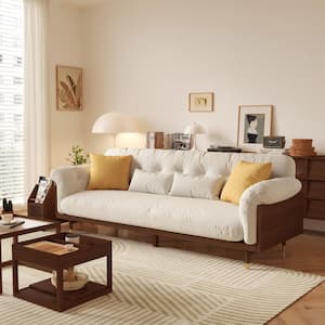 82 in. Wide Flared Arm Linen Fabrics Three-Seater Rectangle Sofa in. Beige-Walnut Frame