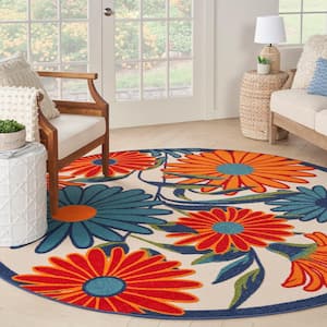 Aloha Multicolor 10 ft. x 10 ft. Botanical Contemporary Round Indoor/Outdoor Area Rug