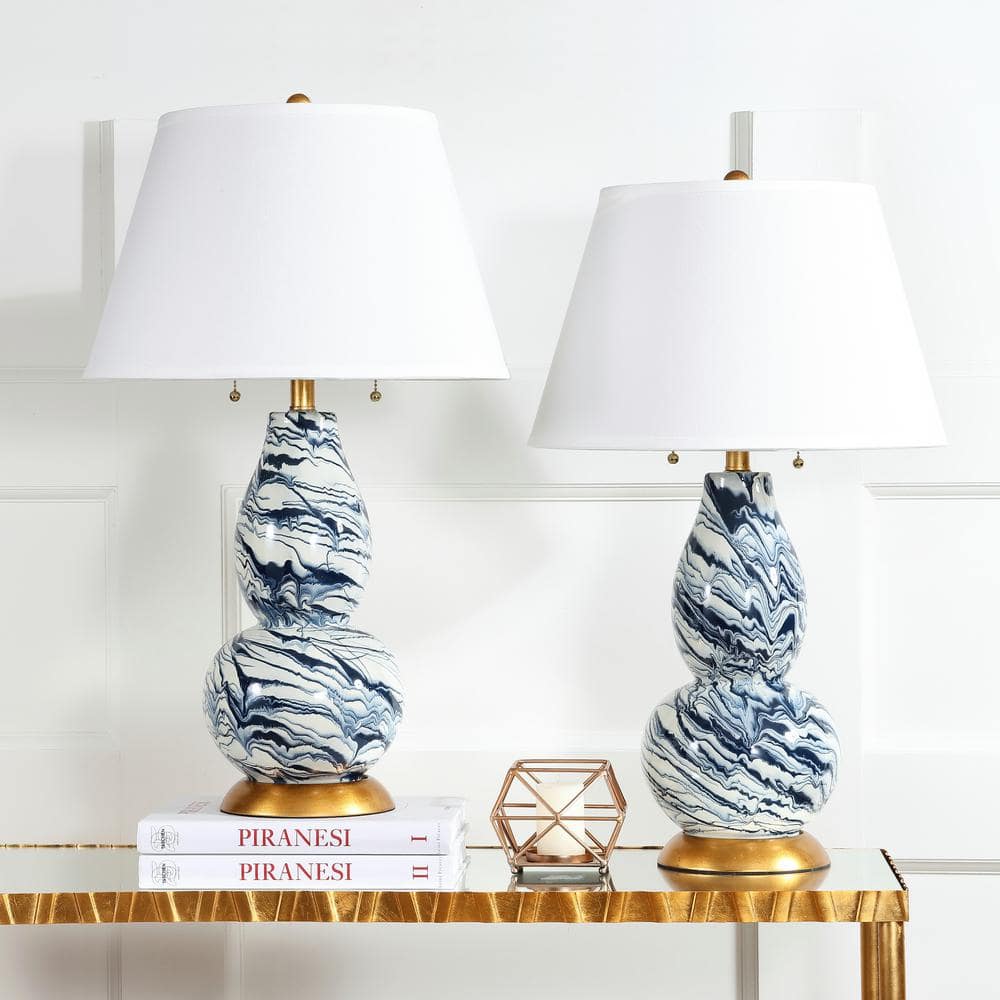 Navy and White Marbleized Glass Table Lamp Set with Gold Accents