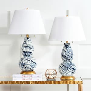 Color 28.5 in. Navy/White Swirl Glass Table Lamp with White Shade (Set of 2)