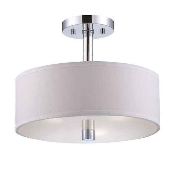 Cordova 13 in. 2-Light Chrome Transitional Entryway Semi-Flush Mount with White Fabric Shade
