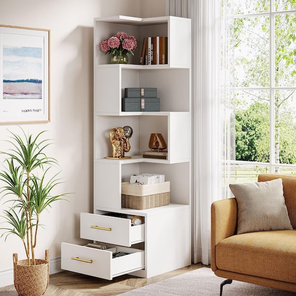 Eulas 66.9 in. Tall White Wood 5-Shelf Etagere Bookcase, Modern Corner Book Shelf with 2 Drawers for Living Room