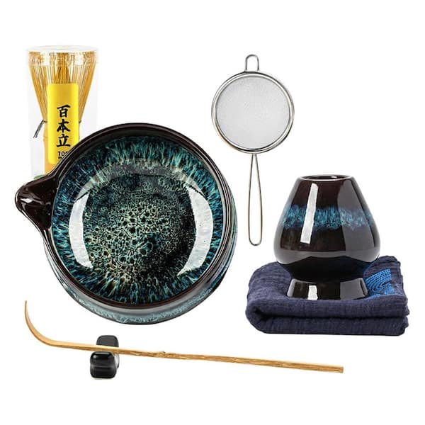 7-Piece Matcha Whisk Set Blue, Ceramic Bowl with Spout, Scoop, Whisk, Holder, Cloth, Sifter, Tea Kit Gift