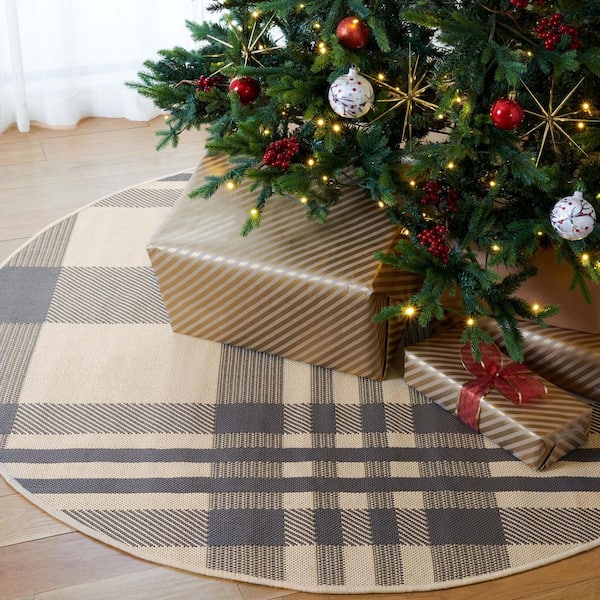 Courtyard Gray/Bone 3 ft. x 3 ft. Plaid Indoor/Outdoor Round Area Rug