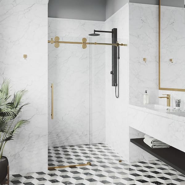 VIGO Elan 44 to 48 in. W x 74 in. H Frameless Sliding Shower Door in Matte Brushed Gold with 3/8 in. (10 mm) Clear Glass