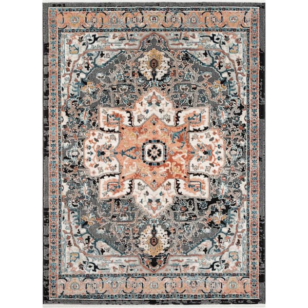 Indira Minos Black Vintage Bohemian Oriental Floral 5 ft. 3 in. x 7 ft. 3 in. Textured Area Rug
