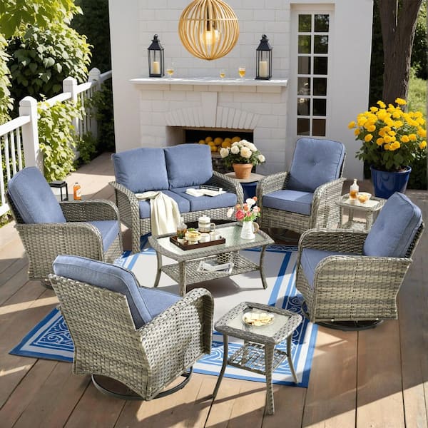 Toject Denali Gray 8-Piece Wicker Patio Conversation Sofa Seating Set with Swivel Rocking Chairs and Denim Blue Cushions