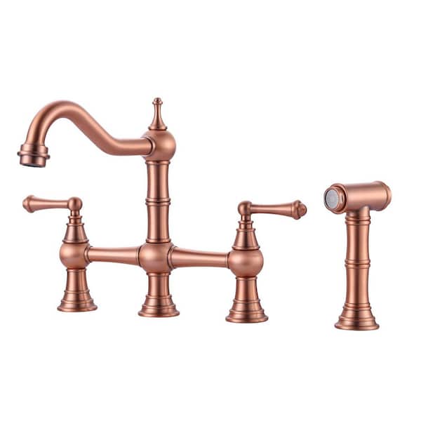 Vintage Double Handle Bridge Kitchen Faucet with Side Sprayer in Copper