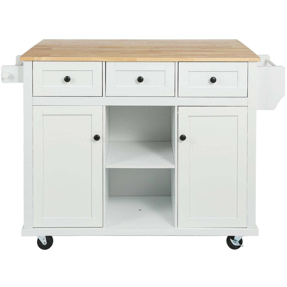 White Rubber wood Drop-Leaf Counter top 53 in. Kitchen Island on 5-Wheels w