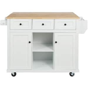 White Rubber wood Drop-Leaf Counter top 53 in. Kitchen Island on 5-Wheels with Storage Cabinet and 3 Drawers