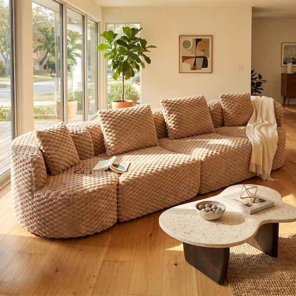 137.8 in. Velvet Modular Sectional Sofa, Boneless Sofa Couch Soft Plush Upholstered Couch in Camel