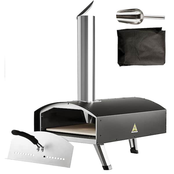 12 in. Wood and Charcoal-Fired Outdoor Pizza Oven Stainless Steel Pizza Grill with Pizza Stone for Camping in Black