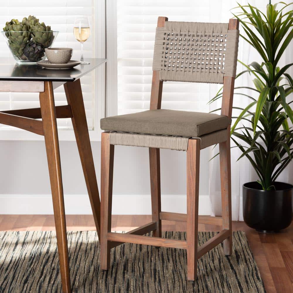 Gray Woven Rope and Mahogany Counter Stool